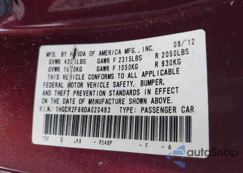 2013 Honda Accord Sdn Ex-L from USA, damaged, VIN 1HGCR2F88DA020493